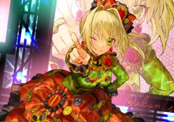  ahoge akamakoto blonde_hair blush braid breasts fate/extra fate/grand_order fate_(series) female french_braid green_eyes green_shirt grin hair_between_eyes hair_bun hair_intakes hair_ornament large_breasts long_hair long_sleeves looking_at_viewer nero_claudius_(fate) nero_claudius_(fate/extra) nero_claudius_(lostroom_outfit)_(fate) official_alternate_costume one_eye_closed orange_skirt pointing pointing_at_viewer shirt side_ponytail single_hair_bun skirt smile solo 