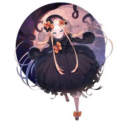  abigail_williams_(fate) absurdres black_bow black_dress black_footwear black_hat blonde_hair bloomers blue_eyes blush bow bug butterfly closed_mouth commentary_request dress fate/grand_order fate_(series) female forehead full_body hairbow hat highres long_hair long_sleeves looking_at_viewer multiple_hair_bows orange_bow outstretched_arms parted_bangs polka_dot polka_dot_bow shoes sleeves_past_fingers sleeves_past_wrists solo sora-bozu standing tentacle underwear very_long_hair white_bloomers 