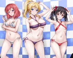  3girls arm_under_breasts arm_up ass_visible_through_thighs ayase_eli bare_arms bare_shoulders bibi_(love_live!) bikini black_hair blonde_hair blue_background blue_eyes blush bow breasts breath cameltoe checkered_background cleavage closed_mouth collarbone commentary_request cutie_panther double_w flat_chest grin hairbow hand_up highres large_breasts long_hair looking_at_viewer love_live! love_live!_school_idol_project medium_breasts medium_hair micro_bikini multiple_girls navel nishikino_maki parted_lips playing_with_own_hair ponytail pretzel_bikini purple_bikini purple_eyes r-binon red_bikini red_bow red_eyes red_hair side-tie_bikini_bottom sidelocks smile sofmap_background standing step_and_repeat stomach string_bikini striped_bikini striped_clothes sweat sweatdrop swimsuit thighs tile_wall tiles twintails twirling_hair w wet white_bikini yazawa_nico 