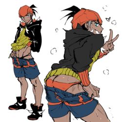  1boy bad_id bad_twitter_id bikini_briefs black_footwear blue_eyes boots briefs clothes_pull dark-skinned_male dark_skin deba grey_hair hat heart hood hoodie looking_back male_focus male_underwear multiple_views orange_headwear orange_male_underwear pokemon pokemon_swsh raihan_(pokemon) shorts shorts_pull underwear v 