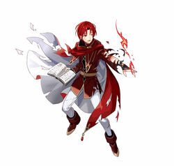  1boy azelle_(fire_emblem) book boots brown_footwear cape coat fire fire_emblem fire_emblem:_genealogy_of_the_holy_war fire_emblem_heroes full_body holding holding_book male_focus official_art one_eye_closed open_mouth pants red_cape red_coat red_eyes red_hair red_theme solo tobi_(kotetsu) torn_cape torn_clothes white_background white_pants 