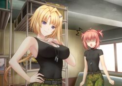  2girls bed black_shirt black_tank_top breasts bunk_bed camouflage camouflage_pants clenched_hands covered_nipples dog_tags ellen_aice flat_chest game_cg hair_intakes highres large_breasts looking_at_viewer low_ponytail miono_shizuku multiple_girls muv-luv muv-luv_alternative muv-luv_unlimited:_the_day_after non-web_source official_art open_mouth pants pink_hair purple_eyes sayori_(neko_works) shaded_face shirt shirt_tucked_in small_breasts smile surprised tank_top two_side_up white_eyes 