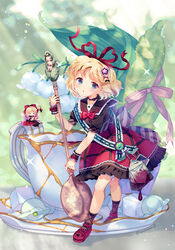  2girls :o amo_(shibu3) ankle_socks black_shirt blonde_hair blue_eyes blurry blurry_background bow bowtie commentary_request cup fairy_wings flower hair_ornament hair_ribbon head_tilt heart_ribbon highres holding holding_spoon leaf leaning_forward light_rays lily_of_the_valley looking_at_viewer medicine_melancholy mini_person minigirl multiple_girls petticoat puffy_short_sleeves puffy_sleeves purple_legwear red_bow red_bowtie red_footwear red_ribbon red_skirt ribbon sash saucer shirt short_hair short_sleeves skirt socks sparkle spoon standing star_(symbol) star_hair_ornament striped striped_ribbon su-san sugar_cube sunbeam sunlight teabag teacup teaspoon touhou twitter_username wand wings wrist_cuffs 