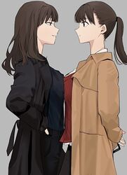  2girls arms_behind_back belt black_jacket black_shirt breast_press breasts brown_eyes brown_hair brown_jacket donguri_hello grey_background hands_in_pockets jacket large_breasts long_hair looking_at_another multiple_girls original ponytail red_shirt shirt symmetrical_docking 