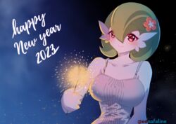  2023 arm_at_side artist_name bare_shoulders blue_background blush bob_cut breasts buttons closed_mouth clothed_pokemon collarbone colored_skin commentary edna_faline embers english_commentary engrish_commentary female fireworks flower gardevoir gradient_background green_hair hair_flower hair_ornament hand_up happy happy_new_year highres holding holding_fireworks large_breasts looking_at_viewer new_year pokemon pokemon_(creature) red_eyes red_flower shirt short_hair simple_background sleeveless sleeveless_shirt smile solo sparkler split_mouth twitter_username upper_body watermark white_shirt white_skin 