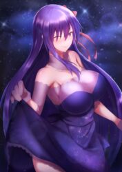  absurdres bare_shoulders bb_(fate) bb_(fate/extra) blush breasts cleavage closed_mouth collarbone commentary_request dress fate/extra fate/extra_ccc fate_(series) female gloves hair_between_eyes hair_ribbon highres large_breasts long_hair looking_at_viewer night night_sky one_eye_closed purple_dress purple_eyes purple_gloves purple_hair red_ribbon ribbon sky smile solo star_(sky) starry_sky tiri_man very_long_hair 