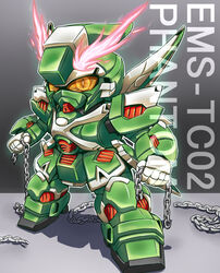  chains character_name chibi clenched_hands commentary_request crossbone_gundam crossbone_gundam_ghost english_text grey_background gundam looking_at_viewer mecha meikuu_(t070299) no_humans phantom_gundam robot science_fiction solo v-fin yellow_eyes 