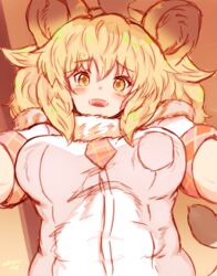  animal_ears blonde_hair blush breast_pocket breasts commentary_request female from_below furrowed_brow hair_between_eyes kemono_friends large_breasts lion_(kemono_friends) lion_ears lion_tail long_hair looking_at_viewer necktie ooba_jun open_mouth pocket short_sleeves sidelocks signature smile solo tail yellow_eyes 