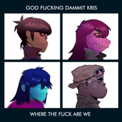  1:1 2021 anthro bull_terrier canid canine canis clothed clothing deltarune demon_days dinosaur domestic_dog english_text extinct female gorillaz group hat headgear headwear hi_res human humor hunting_dog kris_(deltarune) kris_where_are_we male mammal marshmalloweeen meme murdoc_niccals parody prehistoric_species profanity reptile russel_(gorillaz) scalie simple_background style_emulation susie_(deltarune) terrier text undertale_(series) white_background 