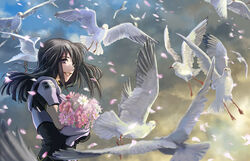  bird black_hair bouquet cloud cloudy_sky dove female floating_hair flower flying from_side holding holding_bouquet looking_at_viewer medium_hair misaki_shizuno parted_lips petals pilot_suit pink_flower purple_eyes science_fiction sky smile solo yunamik zegapain 