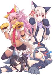  3girls absurdres animal_ears animal_hands bell black_gloves black_hair black_leotard black_panties black_skirt black_tail blonde_hair blue_bow bow breasts cat_ears cat_tail chloe_von_einzbern chloe_von_einzbern_(beast_style) cleavage commentary elbow_gloves fake_animal_ears fate/kaleid_liner_prisma_illya fate_(series) floating_hair fur-trimmed_gloves fur-trimmed_skirt fur_trim gloves grey_gloves grey_tail groin hair_bell hair_between_eyes hair_ornament hairbow highleg highleg_leotard highres illyasviel_von_einzbern illyasviel_von_einzbern_(beast_style) leotard long_hair looking_at_viewer midriff miniskirt miyu_edelfelt miyu_edelfelt_(beast_style) multiple_girls navel official_alternate_costume panties paw_gloves paw_shoes pink_hair purple_legwear red_bow red_ribbon revealing_clothes ribbon side-tie_panties skirt small_breasts stomach tail tail_bow tail_ornament thighhighs underwear very_long_hair white_tail yellow_eyes yellow_gloves zongren 