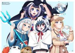  4girls absurdres animal_ears animal_hands animal_hood bikini bikini_under_clothes black_hair black_skirt blonde_hair bloop_(gawr_gura) blue_bikini blue_collar blue_eyes blue_hair blush body_markings brown_headwear brown_jacket brown_skirt bubba_(watson_amelia) captainarmada cloak collar commentary crossover cup ebi-chan_(gawr_gura) english_commentary fangs gawr_gura gawr_gura_(1st_costume) ghost_costume hair_ornament halterneck highres holding holding_cup holding_trident hololive hololive_english hood idol_corp indie_virtual_youtuber jacket looking_at_viewer magnifying_glass multicolored_hair multiple_girls open_mouth orca_girl orca_hood polearm purple_eyes see-through see-through_shirt shark_girl shark_hood shirt shylily shylily_(1st_costume) skirt streaked_hair swimsuit teacup trident virtual_youtuber watson_amelia watson_amelia_(1st_costume) weapon white_cloak white_hair white_shirt yuko_yurei 