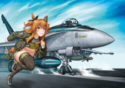  1other aircraft aircraft_carrier airplane animal_ears bomb bomber_jacket brown_hair commentary_request dog_tags explosive f/a-18e_super_hornet female fighter_jet henshako horse_ears horse_girl jacket jet long_hair long_sleeves mayano_top_gun_(umamusume) military military_vehicle missile name_connection navel orange_eyes pete_&quot;maverick&quot;_mitchell pilot running ship shirt shoes shorts skindentation smile sneakers solo_focus thighhighs top_gun top_gun:_maverick umamusume united_states_navy vehicle_focus warship watercraft 