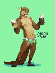  alcohol anthro beer beverage black_nose brown_body brown_eyes brown_fur bulge clothed clothing fur furry-specific_brand green_background hi_res looking_at_viewer male mammal mike_(rudderbutts) mustelid navel nipples one_eye_closed otter river_otter rudderbutts senor_nutria simple_background smile solo tail teeth text text_on_clothing underwear whiskers 