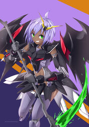  beam_scythe clothing_cutout dark-skinned_female dark_skin female green_eyes gundam gundam_deathscythe gundam_deathscythe_hell_custom gundam_wing gundam_wing_endless_waltz highres holding holding_scythe humanization i.takashi looking_at_viewer looking_to_the_side mecha_musume purple_hair science_fiction scythe short_hair smirk solo stomach_cutout v-fin 