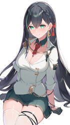  absurdres bad_id bad_pixiv_id black_gloves black_hair bow braid breasts closed_mouth collarbone commentary earrings female gloves green_eyes green_hair green_skirt hair_between_eyes hairbow half_gloves highres jacket jewelry large_breasts lin_(tower_of_fantasy) looking_at_viewer multicolored_hair necktie pleated_skirt red_bow red_necktie rikoma simple_background skirt smile solo streaked_hair thighhighs tower_of_fantasy white_background white_jacket white_thighhighs 