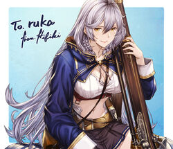  ahoge artist_name bag belt black_skirt blue_background blue_coat border braid breasts buckle cleavage closed_mouth coat collarbone commentary commission crop_top eyelashes female fingernails granblue_fantasy grey_hair gun hair_between_eyes hand_up holding holding_weapon ivris large_breasts long_hair long_sleeves looking_to_the_side messenger_bag miniskirt open_clothes open_coat outside_border over_shoulder photoshop_(medium) pleated_skirt rifle shoulder_bag sidelocks silva_(granblue_fantasy) simple_background sitting skirt smile sniper_rifle solo stomach striped tank_top taut_clothes vertical_stripes very_long_hair wavy_hair weapon weapon_over_shoulder white_border white_tank_top yellow_eyes 