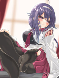  ahoge black_pantyhose commentary_request detached_sleeves female hair_flaps hair_ornament hairband hakama hakama_short_skirt hakama_skirt haori highres japanese_clothes kantai_collection kasashi_(kasasi008) long_hair low_twintails muneate neckerchief pantyhose partially_toeless_legwear pleated_skirt purple_hair red_eyes red_hakama red_neckerchief red_sailor_collar red_skirt ryuuhou_(kancolle) ryuuhou_kai_ni_(kancolle) sailor_collar school_uniform serafuku sitting skirt solo taigei_(kancolle) twintails whale_hair_ornament 