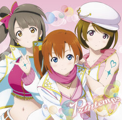  3girls album_cover belt blue_eyes breasts brown_belt brown_hair cleavage closed_mouth cover crop_top floating_hair hat hat_ornament heart heart_hat_ornament highres jacket jewelry koizumi_hanayo kosaka_honoka long_hair looking_at_viewer love_live! love_live!_school_idol_project love_marginal midriff minami_kotori multiple_girls navel necklace official_art one_side_up open_clothes open_jacket parted_lips photoshop_(medium) printemps_(love_live!) purple_eyes red_scarf scarf short_hair small_breasts smile stomach tied_hair upper_body white_headwear white_jacket yellow_eyes zipper 