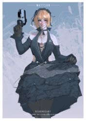  absurdres alternate_costume apex_legends artist_name b3_wingman black_dress black_gloves black_hairband blue_eyes breasts cleavage detached_sleeves dress female gloves gothic_lolita gun hairband handgun highres holding holding_gun holding_weapon jewelry lolita_fashion lolita_hairband looking_at_viewer medium_breasts necklace parted_lips reborns revolver scar scar_on_cheek scar_on_face smile solo watermark wattson_(apex_legends) weapon web_address 