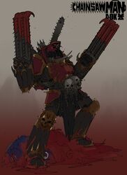  2boys absurdres adeptus_astartes armor blood blood_on_ground blood_on_weapon chains chainsaw chainsaw_devil chainsaw_man chaos_(warhammer) chaos_space_marine claws commission corpse cosplay crossover death facing_up gradient_background highres khorne_berserker khorne_berserker_(cosplay) ministerovvox multiple_boys open_mouth pauldrons sharp_teeth shoulder_armor skull skull_belt skull_ornament skull_print solo_focus teeth tusks ultramarines warhammer_40k weapon world_eaters 