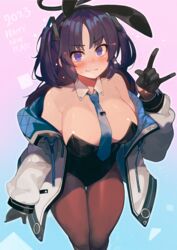  2023 @_@ \n/ animal_ears arm_at_side bare_shoulders black_leotard blue_archive blush breasts brown_pantyhose cleavage closed_mouth commentary_request detached_collar fake_animal_ears female gloves half_gloves halo hand_up happy_new_year harusame-r highres jacket large_breasts leaning_forward leotard leotard_under_clothes long_hair long_sleeves looking_at_viewer looking_back necktie nervous nervous_smile off_shoulder open_clothes open_jacket outstretched_hand pantyhose parted_bangs playboy_bunny purple_eyes purple_hair rabbit_ears smile solo strapless strapless_leotard sweat thigh_gap two_side_up v-shaped_eyebrows yuuka_(blue_archive) 