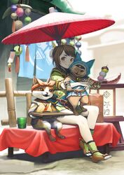  :t animal blurry blurry_background blush brown_eyes brown_hair closed_mouth clothed_animal commentary_request cup dango depth_of_field felyne female food green_legwear highres holding holding_food holding_tray hug japanese_clothes jchoy looking_at_viewer monster_hunter_(series) monster_hunter_rise oil-paper_umbrella red_umbrella short_eyebrows sitting smile socks tabi thick_eyebrows tray umbrella wagashi yomogi_(monster_hunter) 