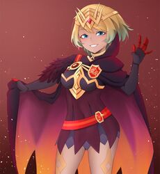  alternate_costume alternate_skin_color aura_(aurapls) belt blonde_hair blue_eyes blue_hair cape cosplay crown dark-skinned_female dark_skin dress earrings female fire_emblem fire_emblem_heroes fjorm_(fire_emblem) gradient_hair grin jewelry laegjarn_(fire_emblem) laegjarn_(fire_emblem)_(cosplay) multicolored_hair short_dress short_hair smile solo 