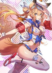  :o animal_ear_fluff animal_ears arm_up ascot between_breasts bikini blonde_hair blue_bikini blue_eyes blue_sailor_collar blue_skirt blush breasts commentary_request double_bun female hair_between_eyes hair_bun hat inflatable_armbands leg_up long_hair looking_at_viewer medium_breasts micro_bikini microskirt midriff navel original pleated_skirt red_footwear revision sailor_collar sailor_hat sandals skirt solo standing standing_on_one_leg stomach swimsuit tail tajima_ryuushi thighhighs twintails white_hat white_thighhighs wrist_cuffs 