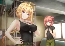  2girls bed black_shirt black_tank_top breast_envy breasts bunk_bed camouflage camouflage_pants covered_nipples dog_tags ellen_aice flat_chest game_cg green_eyes hair_intakes hands_on_own_chest highres large_breasts looking_at_viewer looking_down low_ponytail miono_shizuku multiple_girls muv-luv muv-luv_alternative muv-luv_unlimited:_the_day_after non-web_source official_art pants pink_hair purple_eyes sayori_(neko_works) shirt shirt_tucked_in small_breasts smile tank_top two_side_up 