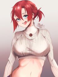  boudica_(fate) breasts buttons ev3n793 fate/grand_order fate_(series) female green_eyes highres large_breasts long_sleeves midriff navel red_hair short_ponytail smile solo sweater 