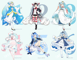  6+girls :o agonasubi ahoge aqua_background aqua_eyes aqua_hair aqua_ribbon aqua_skirt arm_behind_back artist_name badge barefoot beads black_coat black_footwear black_gloves black_necktie black_shorts blue_dress blue_eyes blue_hair blue_kimono blue_legwear blue_skirt boots borrowed_design bow braid buttons character_name clam_shell coat collared_shirt colored_tips commentary contrapposto crab_print double-breasted dress eighth_note epaulettes food-themed_hair_ornament foreshortening frilled_dress frills full_body fur-trimmed_boots fur-trimmed_coat fur-trimmed_kimono fur_trim geta gloves gradient_hair hair_beads hair_ornament hair_ribbon hair_stick hairbow hand_in_own_hair hand_on_own_hip hand_up hat hat_with_ears hatsune_miku highres jacket jacket_on_shoulders japanese_clothes kimono knee_boots lace-trimmed_sleeves lace_trim layered_clothes layered_dress layered_kimono leg_ribbon leg_up light_blue_hair long_hair looking_at_viewer military military_uniform miniskirt multicolored_hair multiple_girls multiple_persona musical_note musical_note_print naval_uniform neckerchief necktie open_mouth outstretched_arm peaked_cap petticoat pink_hair pink_kimono pink_pupils pink_ribbon pink_sailor_collar pink_skirt pleated_skirt pocket pom_pom_(clothes) red_hair red_legwear red_neckerchief red_ribbon red_shirt ribbon roe sailor_collar sandals scallop see-through see-through_skirt seigaiha shell_hair_ornament shirt shiso_(plant) short_shorts shorts sideways_glance skirt sleeves_past_wrists smile snow_print snowflake_print staff_(music) standing standing_on_one_leg star_(symbol) star_hair_ornament star_print striped_clothes striped_thighhighs tabi thighhighs twintails uniform very_long_hair vocaloid wasabi white_footwear white_hair white_headwear white_jacket white_kimono white_legwear white_shirt wide_sleeves year_connection yuki_miku yuki_miku_(2022) yuki_miku_(2022)_(candidate_no.1) yuki_miku_(2022)_(candidate_no.3) yuki_miku_(2022)_(candidate_no.4) yuki_miku_(2022)_(candidate_no.5) yuki_miku_(2022)_(candidate_no.6) zettai_ryouiki zouri 