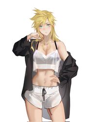  alternate_hair_length alternate_hairstyle aqua_eyes bangle black_bra black_shirt blonde_hair body_writing bra bracelet breasts cloud_strife collarbone commentary_request contrapposto crop_top dolphin_shorts female final_fantasy final_fantasy_vii genderswap_(mtf) hand_on_own_hip highres jewelry large_breasts leg_tattoo long_hair looking_at_viewer narrow_waist navel off_shoulder open_clothes open_shirt protected_link rule_63 see-through shirt shorts solo standing tattoo toned underwear white_background white_shorts xianyu314 