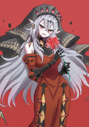  bare_shoulders blazing_cartesia_the_virtuous breasts bridal_veil cleavage_cutout clothing_cutout detached_sleeves dress duel_monster ecclesia_(yu-gi-oh!) female flower gauntlets grey_hair highres holding holding_flower long_hair long_sleeves noppe open_mouth puffy_long_sleeves puffy_sleeves red_background red_dress red_eyes smile solo veil yu-gi-oh! 