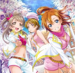  3girls :d absurdres album_cover asymmetrical_shorts belt blue_eyes bow breasts brown_belt brown_hair cleavage cover crop_top day dutch_angle english_commentary floating_hair grin hairbow hat highres index_finger_raised jacket koizumi_hanayo kosaka_honoka long_hair looking_at_viewer love_live! love_live!_school_idol_project love_marginal medium_breasts medium_hair midriff minami_kotori multiple_girls navel official_art one_side_up open_clothes open_jacket open_mouth outdoors pink_eyes pink_scarf pink_shorts printemps_(love_live!) red_bow scarf shirt short_hair short_shorts shorts sleeveless sleeveless_shirt smile stomach v white_headwear white_jacket white_shorts yellow_belt yellow_eyes 