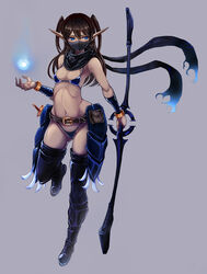  arm_wrap armor bare_shoulders belt bikini_armor black_scarf black_thighhighs blue-burn blue_armor blue_eyes blue_panties bow_(weapon) bracelet breasts brown_belt brown_hair cleavage dark-skinned_female dark_elf dark_skin dragon&#039;s_dogma dragon&#039;s_dogma_(series) elf faulds female full_body grey_background hair_between_eyes highleg highleg_panties holding holding_bow_(weapon) holding_weapon jewelry leg_lift long_hair looking_to_the_side magic mask mouth_mask navel panties pointy_ears pouch ribs scarf simple_background small_breasts solo thighhighs torn_clothes torn_scarf two_side_up underwear weapon 