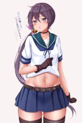  88942731ne ahoge akebono_(kancolle) akebono_kai_ni_(kancolle) bell belt belt_buckle black_thighhighs blue_sailor_collar blue_skirt blush brown_belt brown_gloves buckle cowboy_shot female flower gloves hair_bell hair_between_eyes hair_flower hair_ornament highres jingle_bell kantai_collection long_hair midriff navel open_mouth pink_flower pleated_skirt purple_eyes purple_hair revision sailor_collar school_uniform serafuku short_sleeves side_ponytail simple_background skirt solo thighhighs translated white_background zettai_ryouiki 