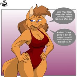  1:1 absurd_res anthro breasts chrisandcompany cleavage clothed clothing dialogue domestic_cat english_text felid feline felis female hi_res mammal neve_vecat one-piece_swimsuit solo swimwear text 