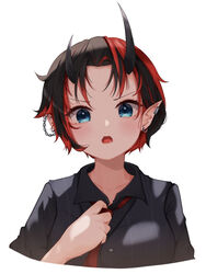  adjusting_clothes adjusting_necktie black_hair black_shirt blue_eyes blush breasts chains collared_shirt commentary cropped_torso demon_girl demon_horns ear_chain ear_piercing earrings female horns jewelry large_breasts looking_at_viewer multicolored_hair nanashi_inc. necktie open_mouth piercing pointy_ears red_hair red_necktie ryugasaki_rene shirt short_hair simple_background solo sugar_lyric temari_maco two-tone_hair upper_body virtual_youtuber white_background 