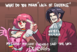  1boy alternate_breast_size ascot blush breasts buttons cleavage clown clown_nose clussy_(phrase) deadass_(meme) english_text female formal geiru_toneido gloves gyakuten_saiban highres jacket long_sleeves meme miles_edgeworth open_mouth phoenix_wright:_ace_attorney_-_spirit_of_justice pink_gloves pink_hair pointing rainbow_choker rainbow_print red_jacket red_skirt shoulder_pads skirt smile suit suspenders tina_fate upper_body wing-shaped_bow 