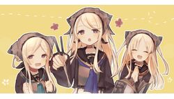  3girls ^_^ blonde_hair blue_little_pig_(sinoalice) blush choker chopsticks closed_eyes green_little_pig_(sinoalice) happy hat highres holding holding_chopsticks long_hair looking_at_viewer merry-san multiple_girls open_mouth own_hands_together purple_eyes red_little_pig_(sinoalice) saliva siblings sidelocks sinoalice sisters teeth twintails yellow_background 