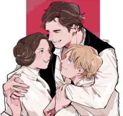  2boys animification artist_name black_vest blonde_hair blue_eyes brother_and_sister brown_hair clenched_teeth closed_eyes collared_shirt double_bun doughnut_hair_bun female grey_eyes hair_bun han_solo light_brown_hair lips long_sleeves luke_skywalker mog_(ntcm2234) multiple_boys princess_leia_organa_solo shirt short_hair siblings simple_background smile star_wars star_wars:_a_new_hope teeth two-tone_background upper_body vest white_background white_shirt 