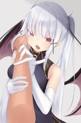  breasts china_dress chinese_clothes commentary_request demon_girl demon_wings doyachii dress elbow_gloves gloves hair_ornament highres holding_own_arm long_hair looking_at_viewer oerba_yun_fang open_mouth original partial_commentary red_eyes simple_background twintails vampire white_hair wings 