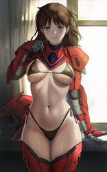  anice_farm arm_support armor backlighting bikini black_bikini black_hair breasts breasts_apart brown_eyes brown_hair chouon_senshi_borgman closed_mouth covered_nipples curtains earrings embarrassed english_commentary female hand_up helmet highleg highleg_bikini highres jeneral jewelry large_breasts light_blush looking_at_viewer medium_hair micro_bikini mixed-language_commentary navel power_suit red_armor science_fiction short_ponytail side-tie_bikini_bottom solo standing swimsuit unworn_headwear unworn_helmet window 