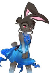  anthro blue_clothing blue_dress breasts clothed clothing dress elpatrixf female fur hi_res lagomorph leporid looking_at_viewer mammal rabbit simple_background smile solo white_background 