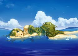  anime_style blue_eyes clouds giantess goddess green_hair island landscape macrophilia no_need_to_explain ocean original original_character pixiv rai32019 scenery 