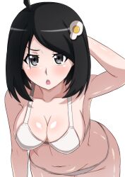  absurdres ahoge araragi_tsukihi armpits black_eyes black_hair bra breasts cleavage collarbone commentary_request egg_hair_ornament female food-themed_hair_ornament hair_ornament highres kakukakusan large_breasts leaning_forward looking_at_viewer monogatari_(series) navel open_mouth panties short_hair simple_background solo stomach thighs underwear underwear_only white_background white_bra white_panties 