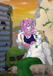  absurd_res anthro bear building building_destruction clothing couples destruction duo eeveelution evening female generation_6_pokemon hi_res hybrid jewelry male mammal necklace ninfii_(syst) nintendo overgrown plant pokemon pokemon_(species) polar_bear post-apocalyptic resting shirt sylveon syst syst_(character) tank_top topwear tree ursine zaku_ii 