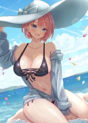  barefoot bikini blue_eyes blue_sky blush bow breasts cloud cross-laced_bikini cross-laced_clothes female front-tie_bikini_top front-tie_top grey_jacket hair_between_eyes hair_wings hat hat_bow highres hololive jacket large_breasts looking_at_viewer mihaeru navel ocean off_shoulder open_mouth oversized_hat petals pink_hair short_hair side-tie_bikini_bottom sitting sky smile solo stomach sun_hat swimsuit takane_lui thighs virtual_youtuber wariza water wet white_bow white_hat zipper zipper_pull_tab 