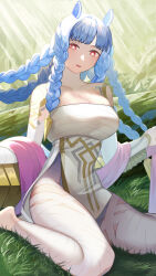  absurdres bandaged_arm bandaged_leg bandages blue_hair braid breasts bright_pupils chest_sarashi cleavage commentary female fire_emblem fire_emblem_heroes grass heidrun_(fire_emblem) high-waist_skirt highres ikura_(downdexp) large_breasts long_hair looking_at_viewer parted_lips pink_eyes sarashi sitting skirt solo strapless thighs tube_top very_long_hair wariza white_pupils white_skirt 